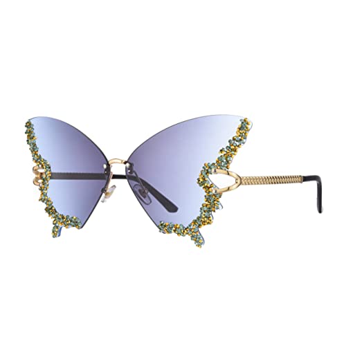 Luxury Diamond Butterfly Sunglasses Women Vintage Rimless Oversized Rhinestone Bling Sun Glasses Ladiesy2K Eyewear (Blue) #TOP6