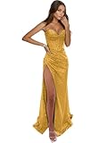Tvuyet Mermaid Gold Prom Dresses for Women 2025 with Slit Long Corset Evening Dress Ball Gown Gold 4