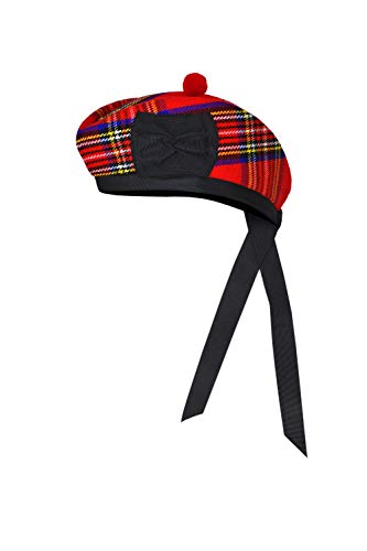 Allsafe Traders Scottish Hat – Traditional Wool Blend Glengarry Hat with Red Pompom & Side Bow (56 cm, Royal Stewart)
