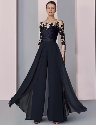 Wedding Guest Jumpsuit/Pantsuit Lace Appliques Chiffon Mother of The Bride Pants Suits Evening Party Gowns3