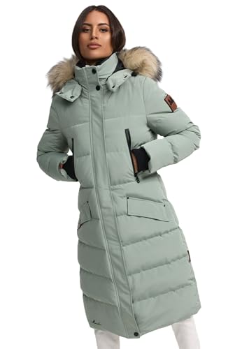 MARIKOO lange Damen Winterjacke warmer Parka gesteppt mit Kapuze B890 [B890-Schneestern-Smokey-Mint-Gr.XS]