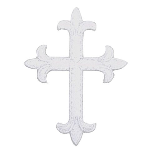 Cross - 4" - White - Fleur de lis - Religious - Iron on Applique/Embroidered Patch â€¦
