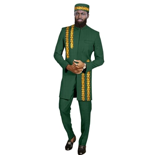 African Clothes for Men Business Suits Embroidery Jacket Pants Hat 3 Piece Set Dashiki Attire