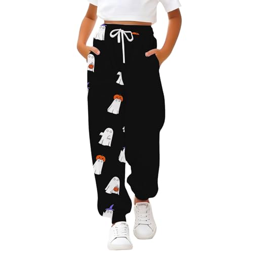 Kids Halloween Sweatpants Ghost Print Drawstring Sweat Pants Girls Halloween Topic Fashion Elastic Black 7-8 Years