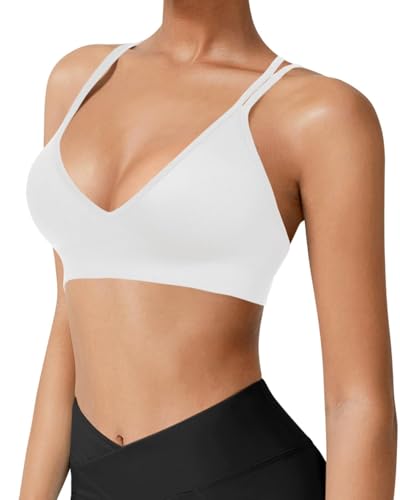 Image of VEQKING Seamless V-Neck Cross Back Women Sports Bra for Small Chest, 3 Pack | Made for A-C Cups, Spaghetti Straps, Removable Padded, Comfort Wireless for Low Impact Workout: Yoga, Lounging & Daily Wear