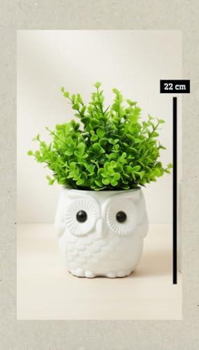 Image of Modern Owl Ceramic Flower Pot with Artificial Greenery | Tabletop Decorative Planter for Home Decor, Office Desk, Bookshelf & Coffee Table