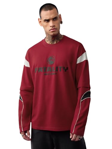 Image of The Souled Store Mortal Kombat: Fatality Men and Boys Long Sleeves Round Neck Red Graphic Printed Casual Lightweight Drop Shoulder Streetwear Trendy Oversized Full Sleeve T-Shirts