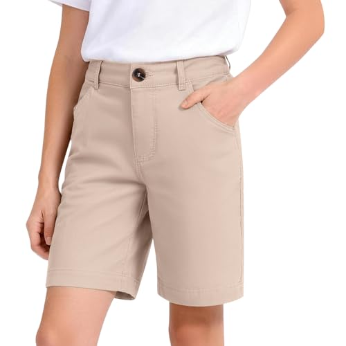 Boys School Uniform Shorts Flat Front Stretch Chino Quick Dry 5-16 Years with Button Closure Beige
