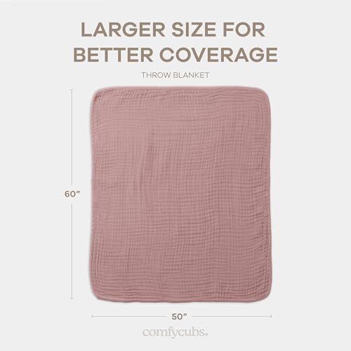 Image of Comfy Cubs Muslin Throw Blanket - 50 inch x 60 inch Quilted Design - Lightweight, Breathable 6-Layer Gauze Fabric - Soft Cotton Blanket for Home or Travel - Packaged in Elegant Gift Box - Mauve