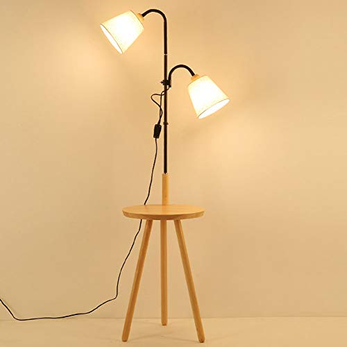 MYALQ Lampadaire Tripod, Lampadaire Woody avec Etagere, Col de Cygne, 2 Flammes, Blanc Chaud 5W, pour Chambre et Salon