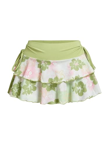 Verdusa Women's Floral Print Layered Ruffle Mini Skirts Tied Side Boho Flowy Short Skirt