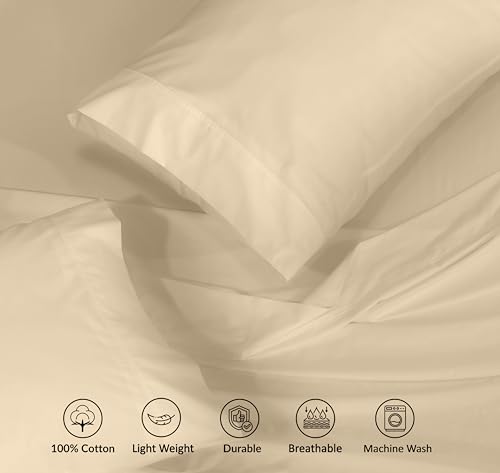 RUVANTI 100% Cotton California King Sheet Sets, 4 Pieces, Soft & Breathable Percale Weave Bedding, Deep Pocket 14", Hotel Standard, Crisp Cool Feel & Durable, Perfect Dyed Sheets, Beige
