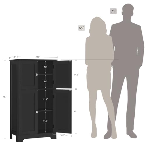Iwell Storage Cabinet with 2 Adjustable Shelves & 4 Doors, Bathroom Storage Cabinet, Cupboard for Living Room, Entryway, Home Office, Black