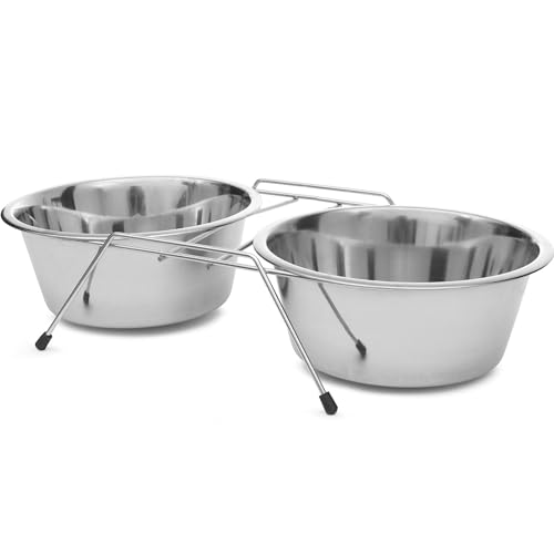 Jeffers Stainless - Steel Low Double Diners Pet Bowls 77430D - Non-Skid Frame, Dishwasher Safe, Ideal for Water & Food for Dogs and Cats, BPA - Free, Easy to Clean