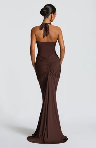 2025 Elegant Classy Maxi Halter Dresses for Women Sexy V-Neck Backless Pleated Bodycon Floor Length Flowy Clothes3