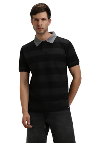 Image of Dennis Lingo Men's Cotton Grey Stripes Regular Fit Button-Down Half Sleeve Polo Tshirt