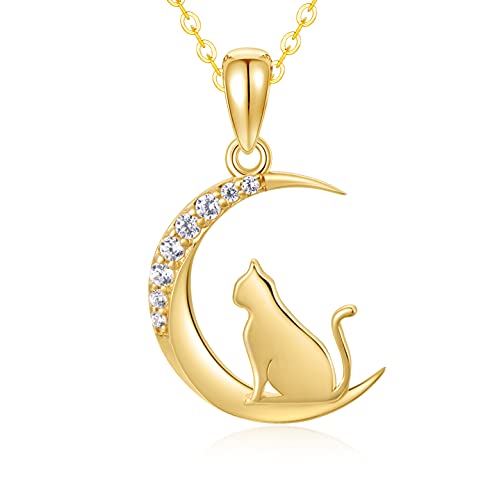14k Gold Cat and Moon Pendant Necklace for Women, Real 14 Karat Gold Jewelry for Wife/Girlfriend, Birthday Gifts for Her, 16-18 Inch