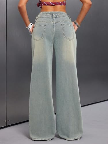 Women's Double-Breasted Jeans Vintage High Waisted Wide Leg Baggy Trousers Casual Loose Fit Denim Pants with Pockets4