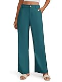Enmain Pantalones de Lino Mujer Verde Azulado Pierna Ancha Pantalones Oficina para Mujer Algodón Cintura Alta Pantalon de Vestir con Bolsillos M