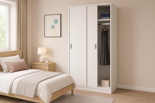 GUARDAROBA LANSING - Armadio per camera da letto a 2 ante scorrevoli, Mobile con ripiano e barra appendiabiti, cm 100x50h200, Bianco