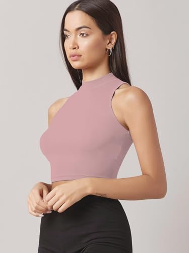 Image of Sugathari Women's & Girls' Solid Ribbed High Neck Sleeveless Crop Tops for Women (Top 37)