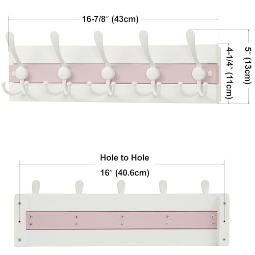 Image of SKOLOO Coastal Wall Mounted Coat Rack - 16-7 /8 inch Beach House Entryway Wooden Coat Hook with 5 Hooks for Hanging Coats, Hats or Towels, Oceanfront Cottage Core Collection, White & Palm Beach Pink