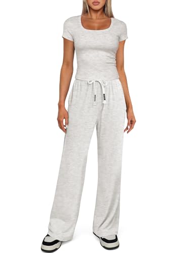 Darong Women's Two Piece Outfit Short Sleeve Scoop Neck T Shirts with Wide Leg Pants Active Tracksuit Lounge Set3