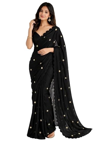Image of Women's Pure Fandy Satin Sequin Embroidered work Saree with Dupion Unstitched Blouse Piece