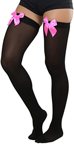 Image of ToBeInStyle Women's Opaque Long Thigh High Stockings w /Decorative Front Satin Bow