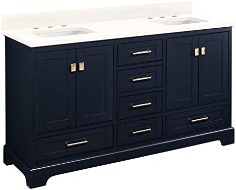 Signature Hardware 483474 Quen 60" Free Standing Double Basin Vanity Set with Cabinet, Vanity Top, and Undermount Sink - 3 Faucet Holes - Midnight Navy Blue/Arctic White Quartz
