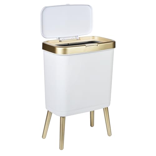 Image of Bathroom Trash Can with Lid, 4 Gallon Modern Garbage Can with Removable Legs, Plastic Garbage Bin, Slim White and Gold Trashcans for Bedroom, Living Room, Office, Kitchen