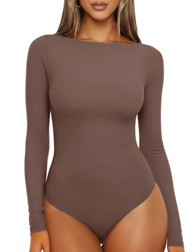 Sukiglam Body Femme Manches Longues Col Bateau Bodysuit Top Basique Élégant Body Moulant Casual Jumpsuit Tops Couleur Unie Blouses Chemisiers Autunno Gainant...