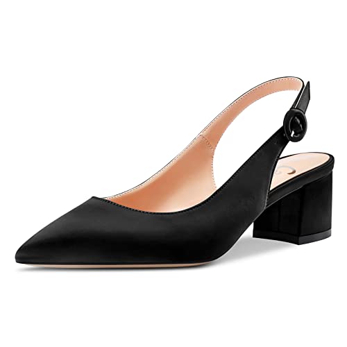 Castamere Damen Chunky Blockabsatz Niedrige Absatz Geschlossene Spitze Zehenkappe Slingback Pumps Schnalle Cute Dress Büroschuhe 5 cm Schwarz Satin 37 EU