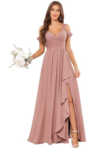 Chiffon Off Shoulder Bridesmaid Dress for Women Long A-Line Sweetheart Empire Waist Dresses for Women 2025 with Slit