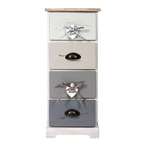 STILE SHABBY E CASSETTI DECORATI: La cassettiera Rebecca è un must per chi ama i mobili shabby e decapati. I colori che richiamano il mare d'inverno sono invece un elemento tipico dello stile marinaro. Due cassetti presentano pomelli in metallo anticato, altri due hanno pomelli in legno decorati
