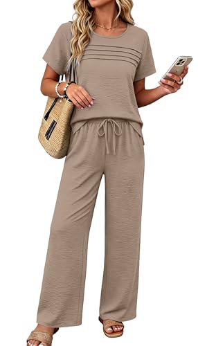 OFEEFAN Women's 2 Piece Outfits Summer Linen Wide Leg Pants Matching Lounge Set for Travel Vacation Cruise Airport Going Out Resort Wear Dressy Casual Suits Fashion Clothing Loose Loungewear Khaki XL