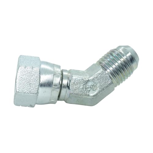 Image of 1 Piece Steel JIC Flare Tube Fitting, 45 Degree Elbow, 3 /8 inch Male JIC (9 /16 inch-18) x 3 /8 inch Female JIC (9 /16 inch-18) Swivel Tube OD