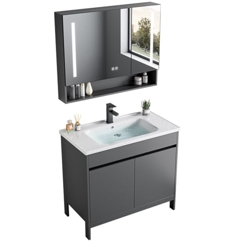 Jshigogo 洗面器 陶器 キャビネット付き 大容量 大きな鏡 自立型 温水・冷水蛇口付き 排水機能付き 屋外植物用 商業用および家庭用 バルコニー パティオ ガーデンシンク (グレー)