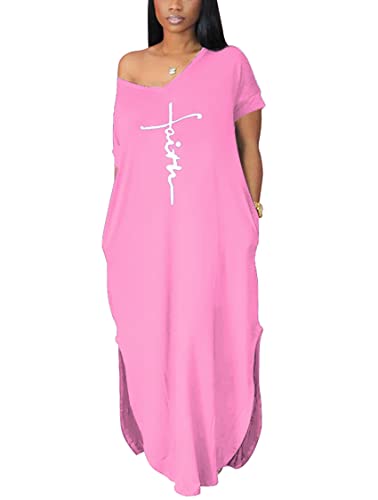 Image of Women Summer V Neck Loose Side Split Maxi Dresses with Pocket