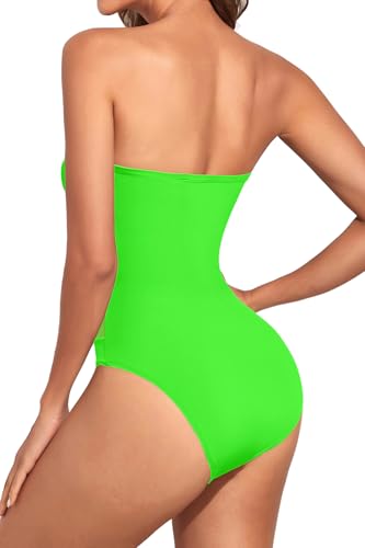 Image of Holipick Women Sexy One Piece Swimsuit Strapless Bathing Suits | Bandeau Neckline, Mesh Cutout Design, Push Up Removable Pads, High Cut, Removable Straps, Pool Beach Cruise Resort