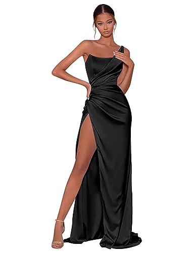 black prom dress fight A-Line Satin Black Long Prom Dress, Black Long Evening Dress