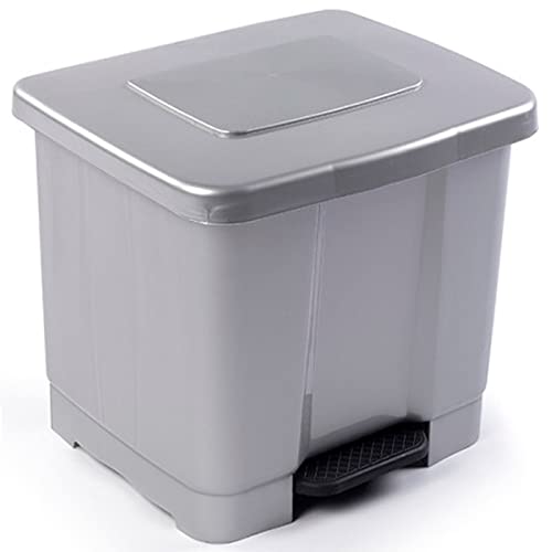 Acan Tradineur - Cubo de basura con pedal de plástico, contenedor de residuos, papelera con separador para colocar dos bolsas, cocina (Gris plata, 35 litros, 38 x 43 x 38 cm)