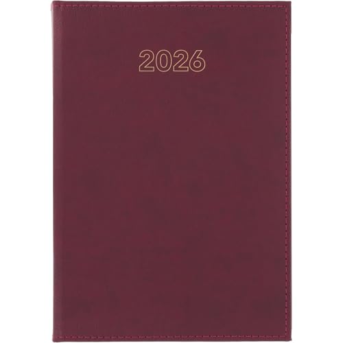 Grafoplas Agenda 2026 Dia por Pagina Zurich, 24x16,5cm, Burdeos, Español, Tapa Acolchada Vinilo, Certificado FSC, Papel Ahuesado 70g, Incluye Punto de Lectura, Planning y Calendario 3 años