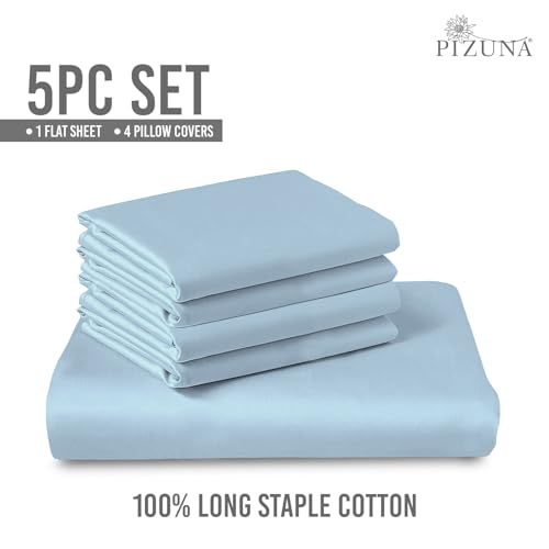 Image of Pizuna 100% Cotton Bedsheet Super King Size Baby Blue, 600 Thread Count Long Staple Combed Cotton Flat Bedsheets 108x108 Inches with 4 Pillow Covers, Bed Sheet for Super King Size Bed