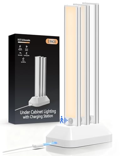 Image of 12in Under Cabinet Lighting with Charging Station, 2500mAh Rechargeable Wireless Motion Sensor Lights Indoor,Closet Lights with 3 Color Tempers, Battery Operated Cabinet Lights for Kitchen, 3-Pack