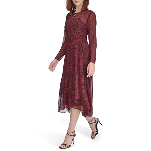 Image of Tommy Hilfiger Women's Long Sleeve Keyhole Neck Chiffon Hi-lo Midi Dress