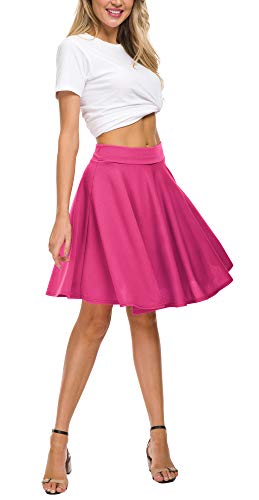 Image of EXCHIC Women's Casual Stretchy Flared Mini Skater Skirt Basic A-Line Pleated Midi Skirt