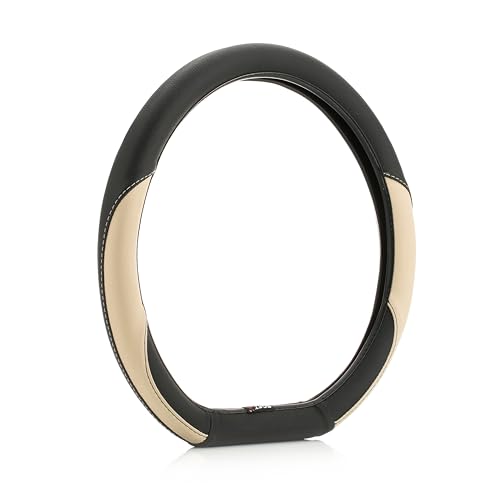 Image of SOFT X Flat Bottom Faux Leather Car Steering Wheel Cover Breathable & Anti Slip D Shape Steering Cover for Untlimate Comfort & Style (Beige & Black)