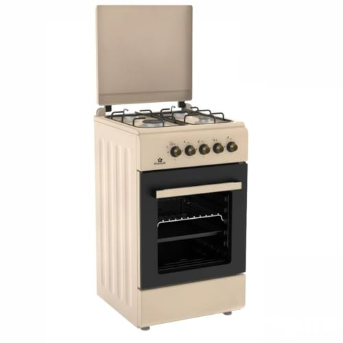 Cucina a Gas 4 Fuochi con Forno a Gas 49L, Beige Vintage, 50x50 cm, Accensione Manuale, Doppio Vetro, Valvola di Sicurezza, con Coperchio