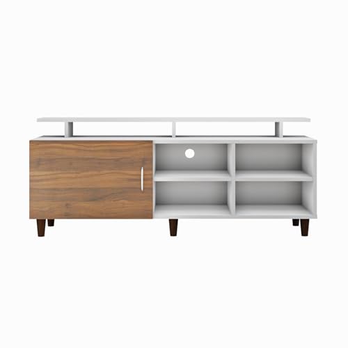 Image of VIKI Modern TV Unit for Living Room | Engineered Wood TV Cabinet with 1 Door Storage, 2 Open Shelves & Extension, Entertainment Unit, 140W x 48H x 40D cm | DIY | 1 Year Warranty (White & Walnut)